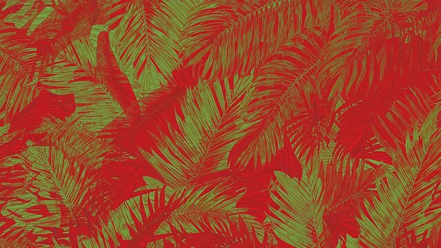Green foliage contrasting with a bright red background