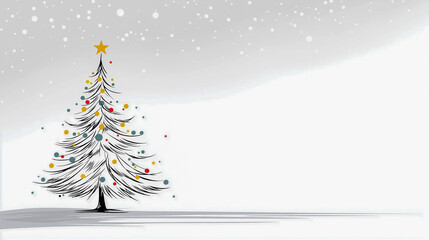 Colorful watercolor illustration of a Christmas tree adorned with vibrant ornaments and a shining star, surrounded by falling snowflakes and festive decorations for holiday celebrations