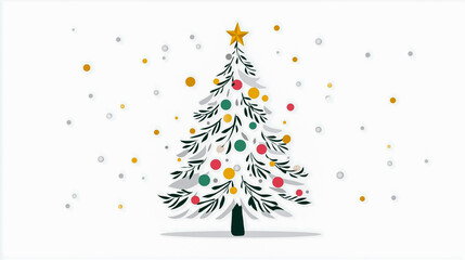 Colorful watercolor illustration of a Christmas tree adorned with vibrant ornaments and a shining star, surrounded by falling snowflakes and festive decorations for holiday celebrations
