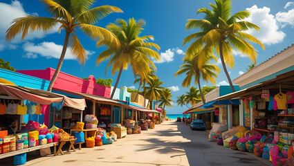Naklejka premium Caribbean street scene with local shops, towering palm trees, and sea breeze along a sunny coastline