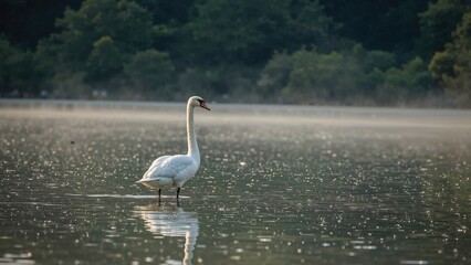 Obraz premium Magnificent whooper swan enjoying the quiet lake surroundings