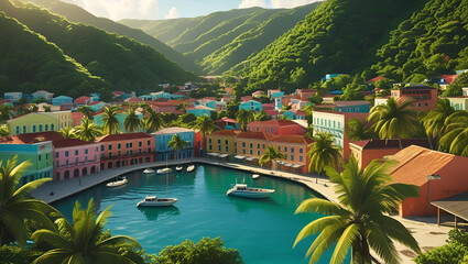 Oceanfront view of a tropical island cityscape surrounded by dense green palm forests and clear waters