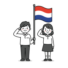 Two children salute while holding the Netherlands flag.