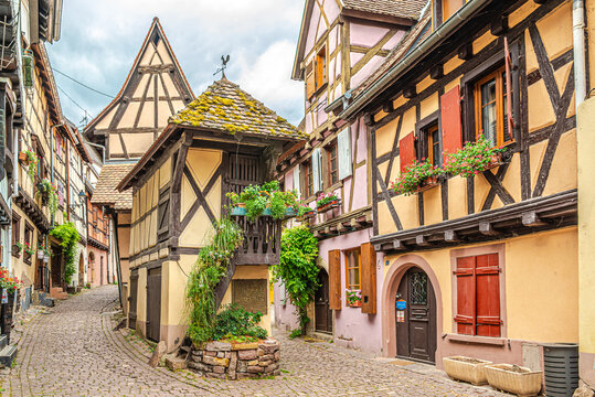 View at the Timbered houses in the streets of Equisheim - France