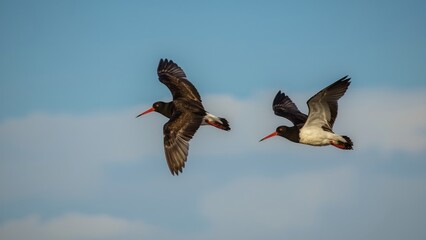 Wildlife Scene: Oystercatchers in Flight with Vivid Plumage