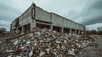 An abandoned concrete edifice with scattered rubble in front beneath a dull sky.