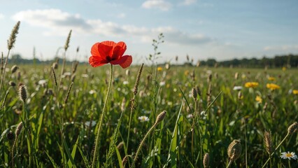 Obraz premium In a green meadow, a bright red poppy is highlighted by warm sunlight on a calm afternoon in spring.
