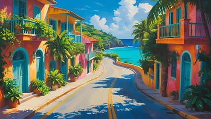 Road winding through a Caribbean island town offering scenic coastal views with palm trees and ocean breeze