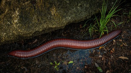 Large earthworm revealed under a stone in a secluded natural environment