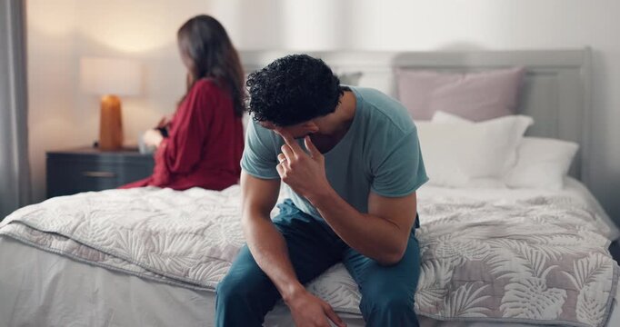 Frustrated couple, headache and bed with fight for disagreement, argument or toxic relationship. Upset, woman and man with stress, cheating affair or guilt for regret, dispute or conflict in bedroom