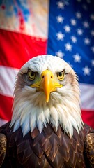 Close-up of bald eagle's head, intense gaze, American flag backdrop