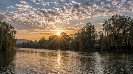 Stunning dawn scene featuring a tranquil river gleaming under early sunlight