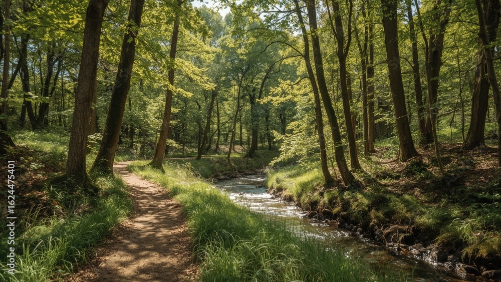 Aufkleber design showcasing a natural trail in dense forest with a stream flowing at the side, abstract summer