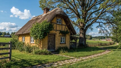 A charming rustic farmhouse with a straw roof in the countryside.