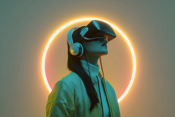 Futuristic Woman Wearing VR Headset and Headphones with Neon Ring – Immersive Virtual Reality Experience in Blue and Orange Cyberpunk Lighting


