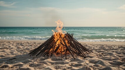 Fototapeta premium Wood piled up to create a fire on the sandy coast