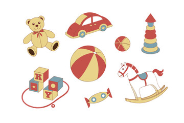 Childhood Wonders: A delightful collection of classic children's toys, arranged to evoke a sense of wonder and nostalgia.