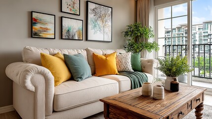Modern Elegant Living Room: Beige Sofa with Bright Cushions and Decorative Paintings Creating an Exquisite Home Space