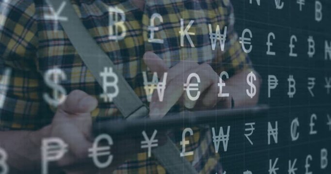 Man wearing shirt and bag strap using tablet, causing currency symbol overlay and analyzing finance