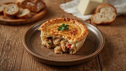 Chicken pie segment presented on a wooden dish