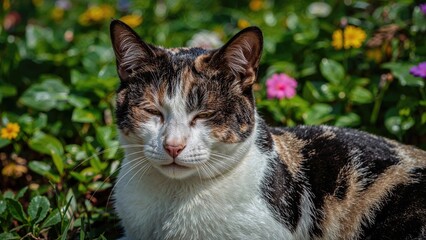 A black and white patterned feline relaxing outdoors in a natural environment. Close-up shot of a domestic animal. Premium image quality.