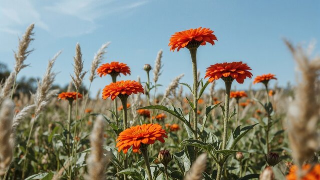 A meadow filled with bright orange zinnia blooms dancing in the warm summer wind