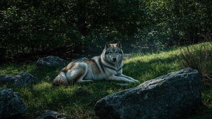 Fototapeta premium An impressive gray wolf relaxing in an outdoor environment surrounded by lush greenery and stones