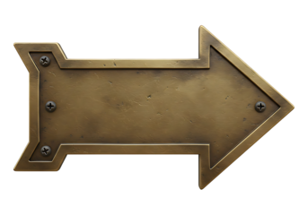 Aged brass directional arrow plate with corner screws isolated on transparent background
