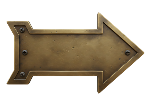 Aged brass directional arrow plate with corner screws isolated on transparent background
