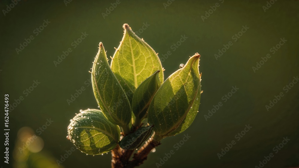 Poster detailed close-up of spring leaves unfolding with backlighting highlighting their structure