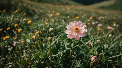 Snapshot capturing Ranunculus bulbosus in full bloom across a natural landscape.