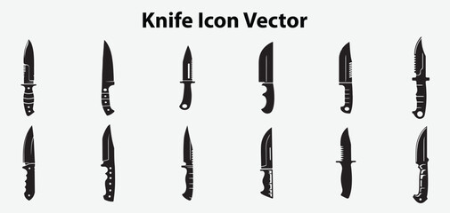 Knife Icon Vector Set: Silhouettes of various knife types, suitable for military, hunting, kitchen, and utility uses.