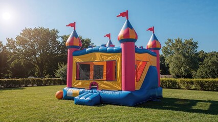 Cheerful and colorful bounce house inflated for outdoor fun.