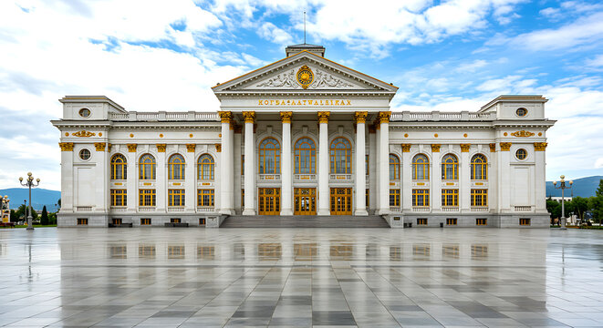 Majestic neoclassical building with grand columns and ornate facade reflected on a wet plaza under a cloudy sky