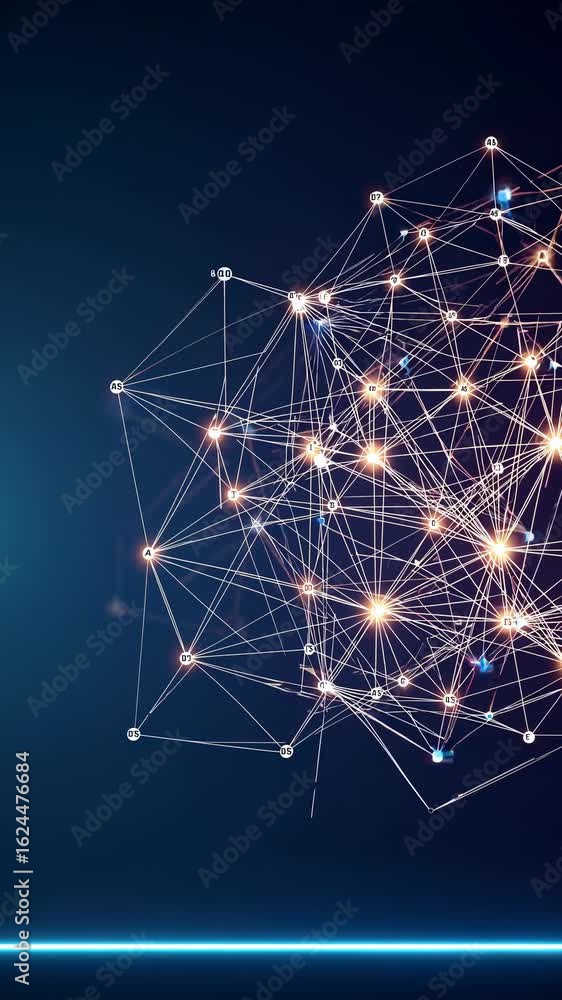 Poster futuristic network of glowing nodes and lines, viewed from a side angle. perfect for a tech-themed v