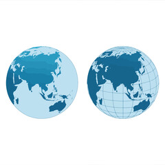 Two globes showing asia and australia with blue continents and white oceans