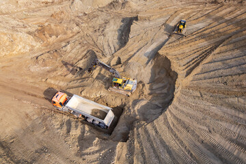 aerial view of quarry. excavator loading sand into dump truck © Nikolai Tsvetkov