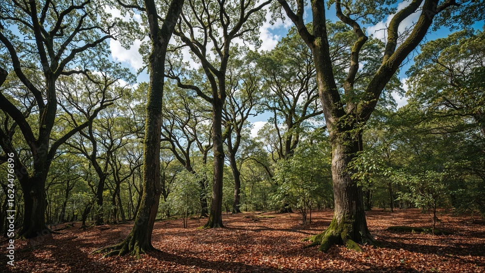 Poster calm nature setting with towering trees and soft sunlight piercing the foliage.