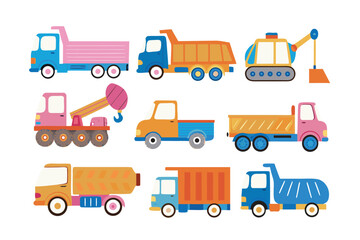 Colorful Fleet of Vehicles: An engaging vector illustration featuring a vibrant array of construction and transport vehicles, perfect for educational or design purposes.