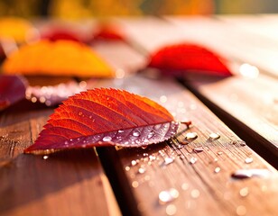 Macro shot of colorful autumn leaves on a wooden surface with morning dew. Rich reds, oranges, and golds with visible leaf texture. Soft natural lighting and shallow depth of field.