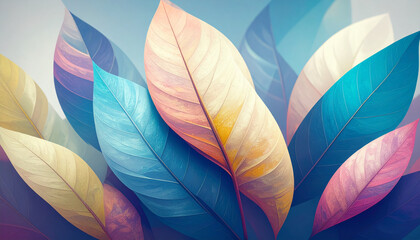 A vibrant abstract autumn background filled with large, colorful tree leaves of different shapes and sizes, scattered in a flowing, artistic composition.