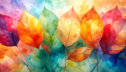 A vibrant abstract autumn background filled with large, colorful tree leaves of different shapes and sizes, scattered in a flowing, artistic composition.