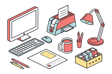Modern Workspace Essentials: An isometric illustration of a modern workspace setup, complete with essential office supplies and tools.