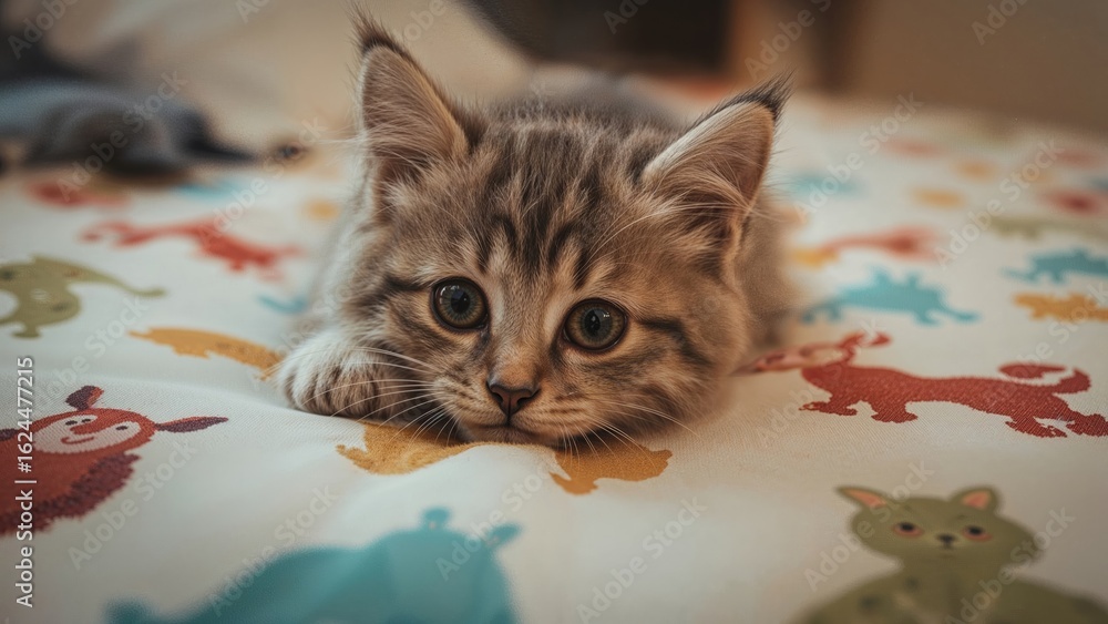 Poster close-up of a small cat resting on patterned bedding