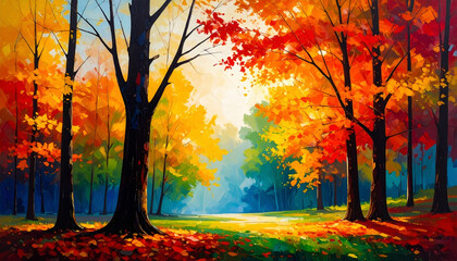 Autumn art painted background with warm golden sunlight, colorful fallen leaves on the ground, soft focus forest or park setting, cozy and inviting atmosphere.