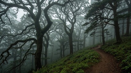 Misty woods filled with dense fog winding among high-reaching trees, evoking a calm and enchanted mood.