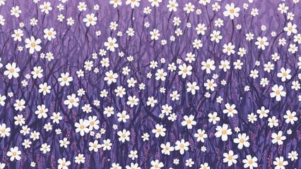 Unbroken vector illustration of petite white blooms on a purple field. Sweet flower pattern