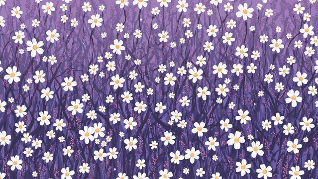 Unbroken vector illustration of petite white blooms on a purple field. Sweet flower pattern