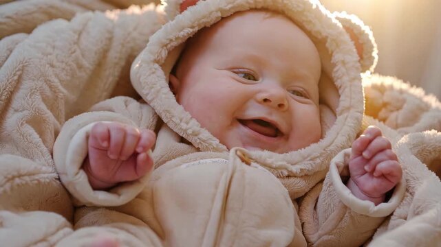 baby lies on blanket, smiles up. sunlight from window touches infant cheeks. hood on toddler frames joy. child eyes sparkle. happy baby laughs, small hands wave, soft hood wraps giggling infant.