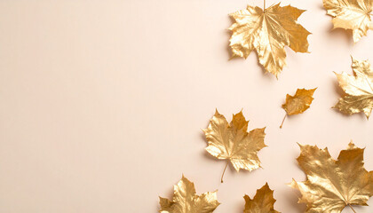Minimal autumn background with warm beige tones, scattered golden leaves, soft shadows, neutral flat surface with copy space, perfect for Instagram posts, product placement, or modern seasonal ads.